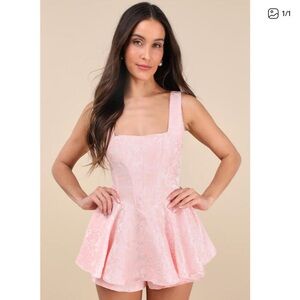 Lulus Radiant Flair Light Pink Floral Jacquard Bustier Skort Romper NWT